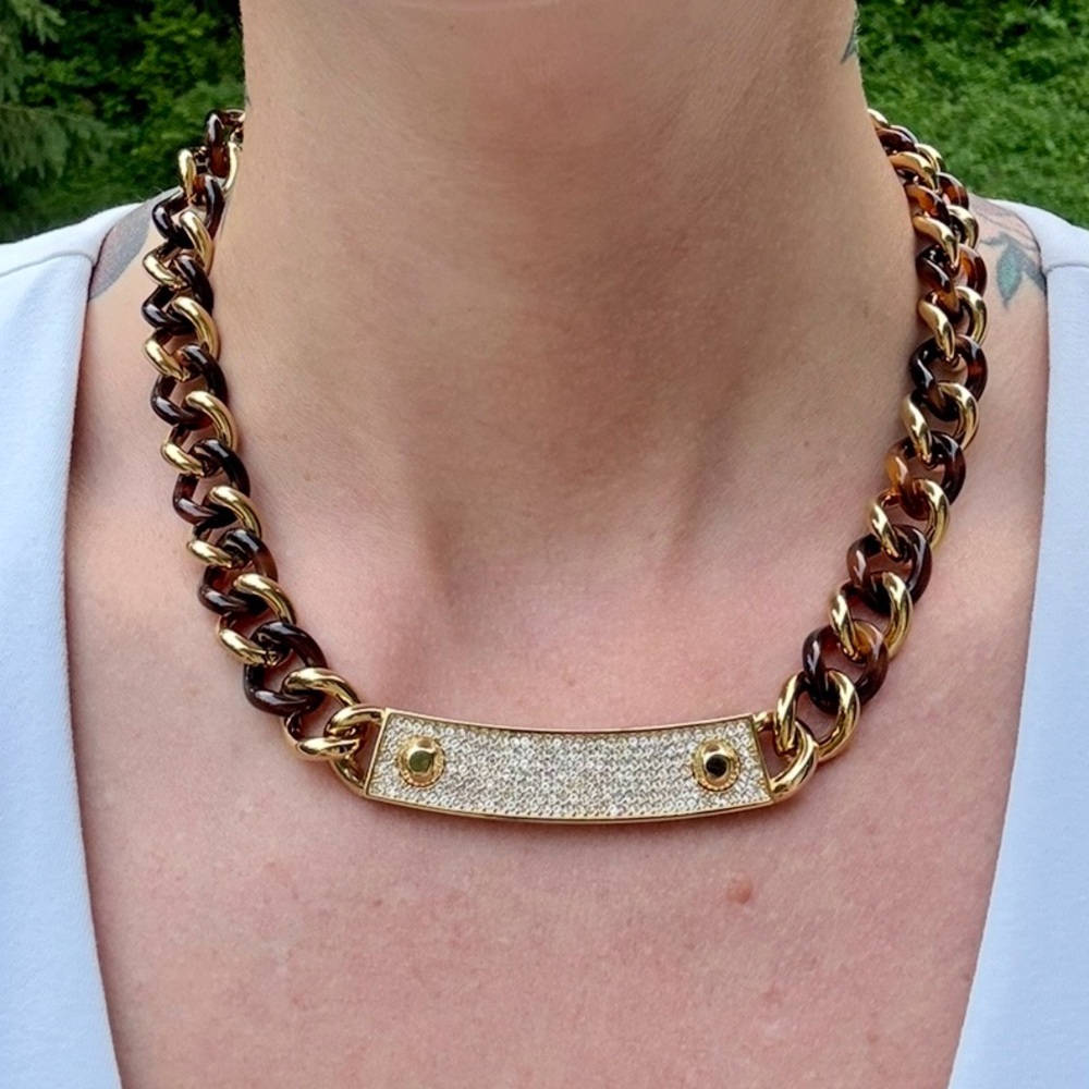 Michael Kors Heritage Plaque Necklace Gold Tortoise Chain Double-Sided